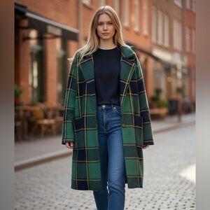 NWT BACCINI Plaid  Coat Green Navy Fuzzy Textured Blazer Jacket Large Heavy